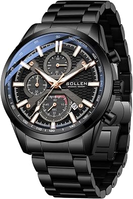 Black Men Chronograph Watches, Classic Analog Quartz Watch with Calendar & 1/10 Seconds, Second, Minute Chronograph Function, 30M/3ATM Waterproof, Formal Casual Dress Watches for Daily Use, Luxury Mens Watch - 44mm