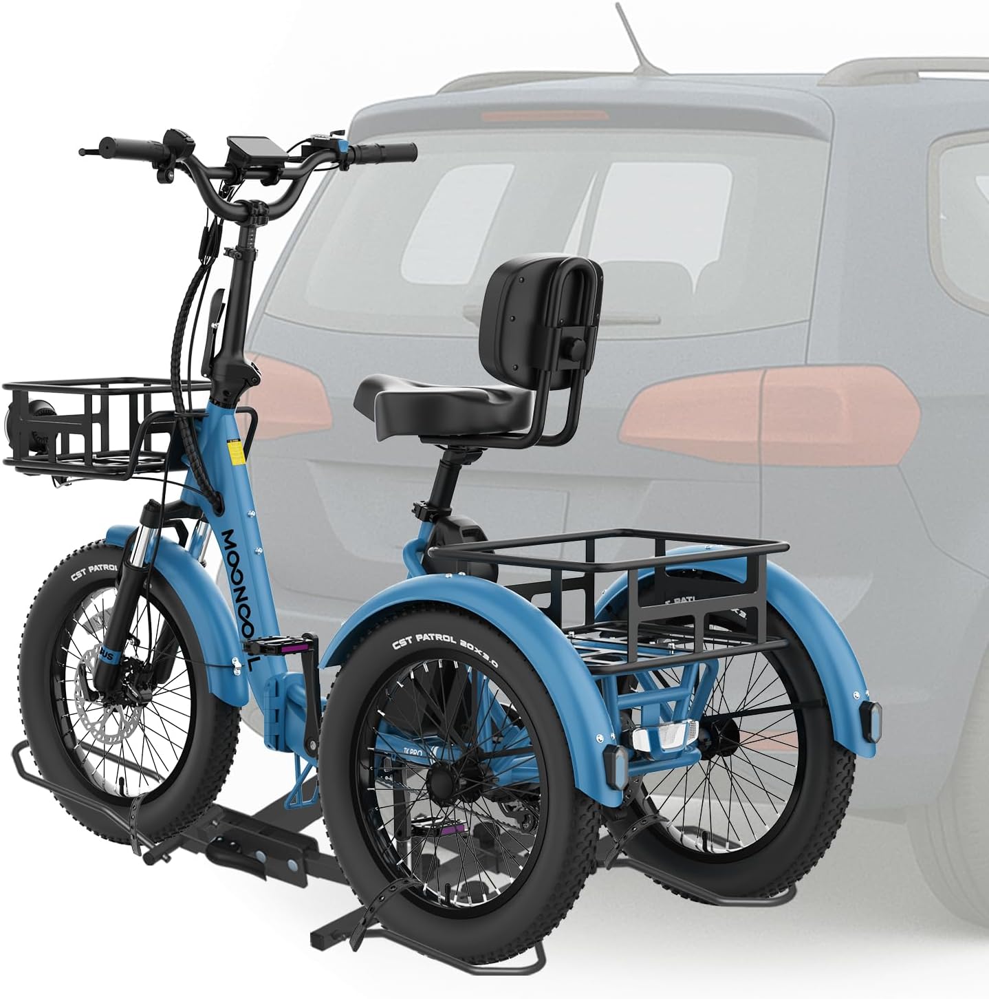 DoCred Trike/Electric Tricycle Hitch Mount, 170 LBS Capacity Heavy-Duty Foldable Carrier Rack, Three Wheels Bicycle Platform Receiver for Cars Trucks SUVs Minivans