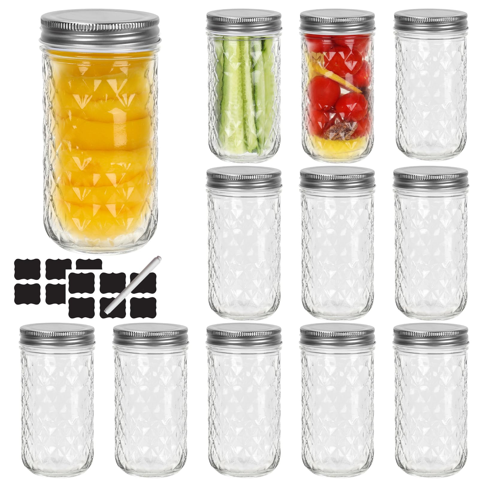 Yishik 12 Pack 12 oz Wide Mouth Crystal Mason Jars with Silver Lids, 350ml Glass Canning Jar Jelly Jars for Honey, Jam, Preserving, Pickling, Food Storage,Drinks & Wedding Favors