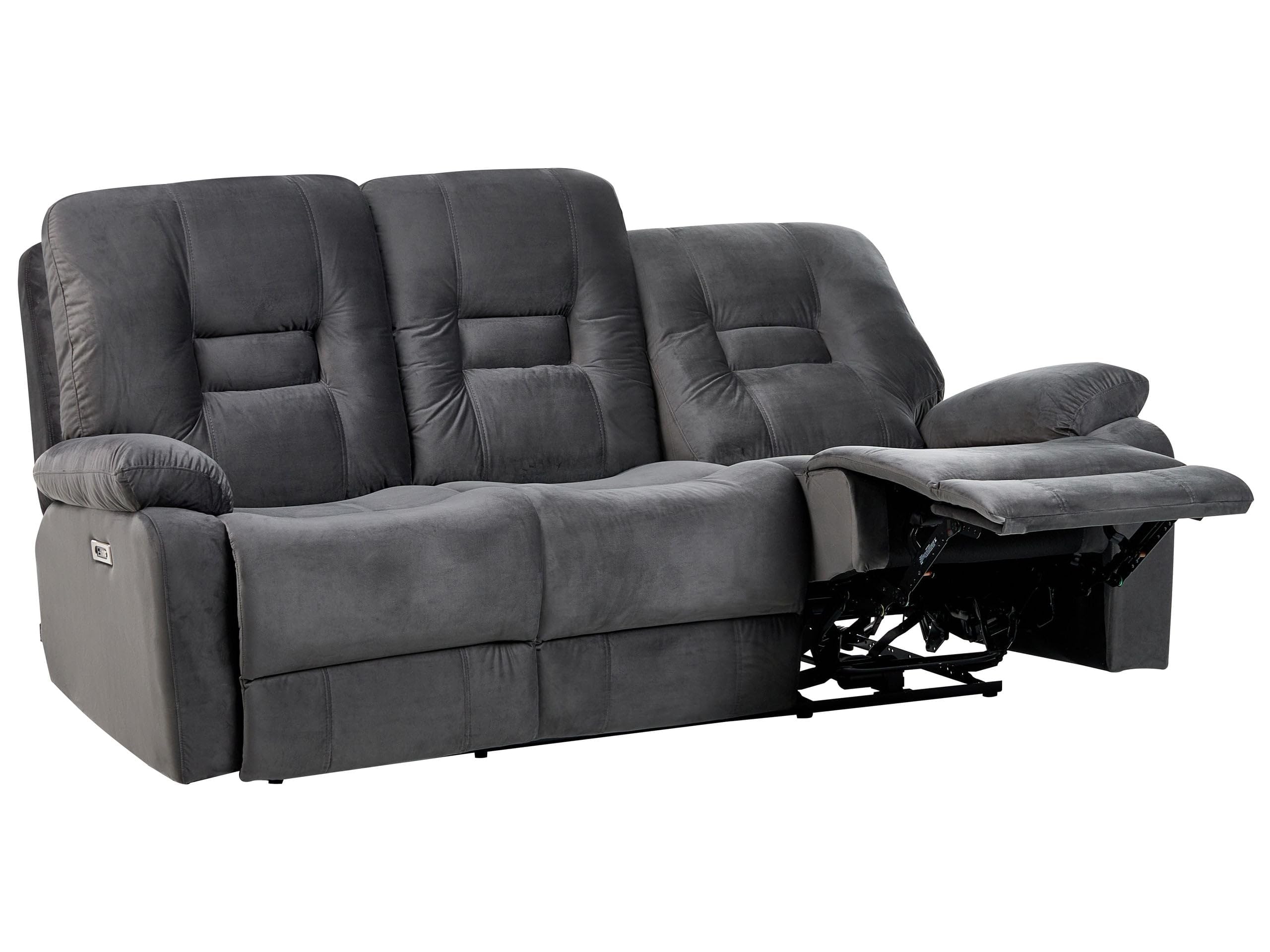 Beliani Sofá reclinable Moderno de Terciopelo eléctrico Acolchado 3 plazas Gris Oscuro Bergen