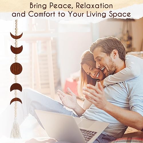 Miniatura 5 de Ausicfen Fase lunar colgante de madera con borla fases de la luna decoración bohemia para el hogar sala de estar dormitorio oficina beige