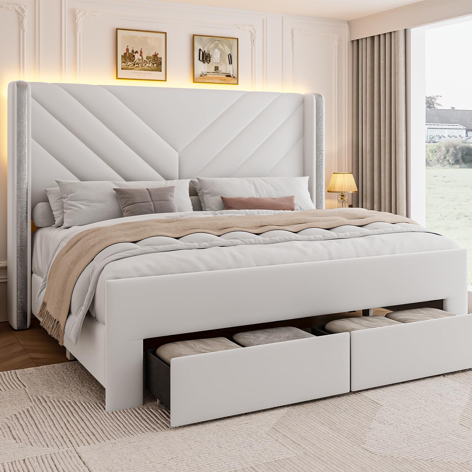 CIKUNASI Full Size Bed Frame with Headboard and Storage Drawers Velvet Upholstered Bedframe with Wingback Headboard Platform Bed with Led Lights No