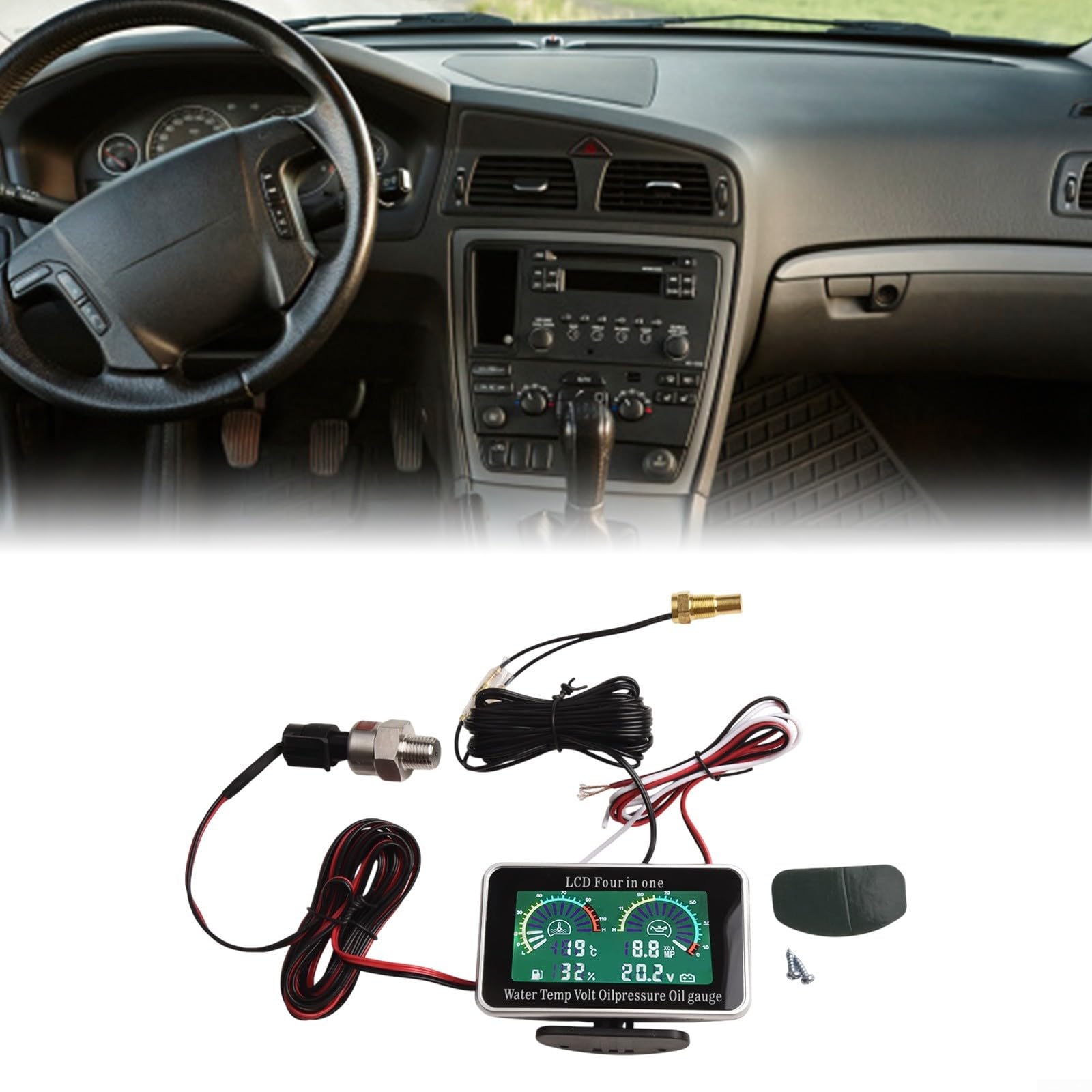 Manometro digitale LCD 4 in 1 per auto con misuratore di pressione dell'olio, visualizzazione della temperatura dell'acqua, indicatore del livello del carburante e voltmetro, ampia gamma 9-39 V