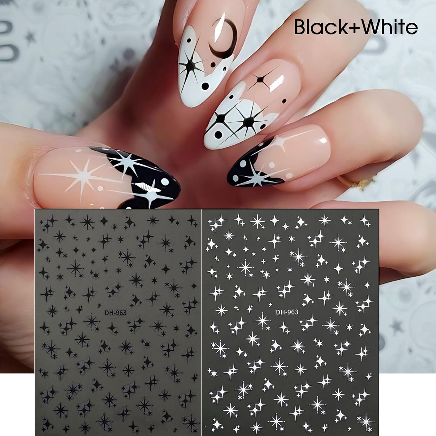 6 Sheets Metallic Star Nail Art Stickers,Golden Silvery Black White Y2K Nail Holographic Mirror Shining Four Pointed Star French Tip Nails Charms Decorations Nail Supplies