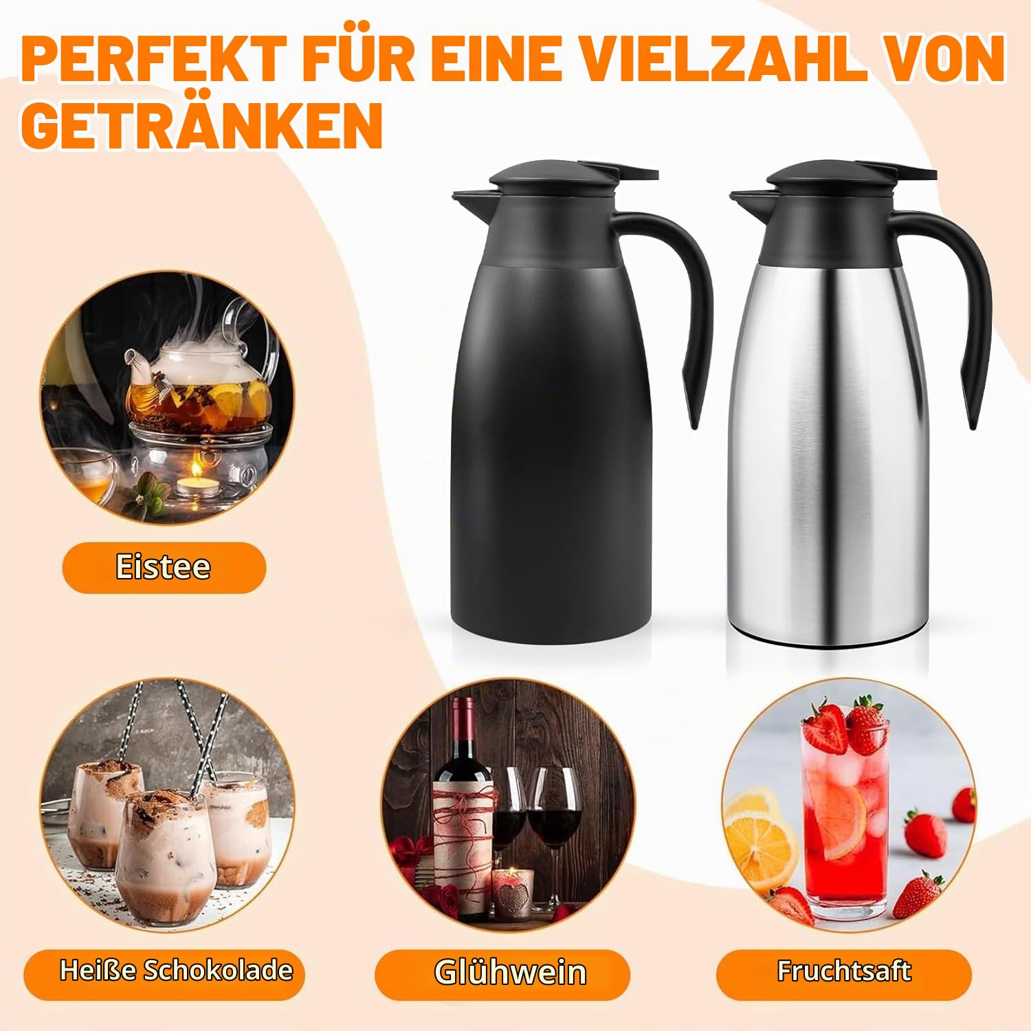 2 Stück Thermokanne Isolerkanne 2 Liter, 304 Edelstahl Isolierte Isolierkanne, 24 Stunden Wärmedämmung, für Kaffee, Tee, Wasser, Getränk, Warmhaltekanne (Silber, Schwarz)