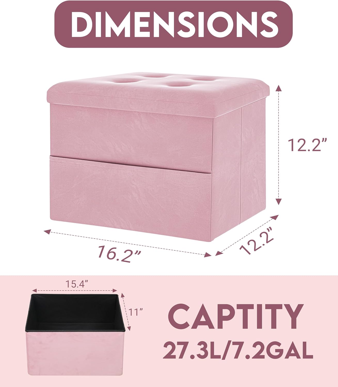 Small Storage Ottoman Foot Rest, Velvet Ottoman with Storage and Side Pocket, Pink Foot Rest for Couch, Foldable Footstool Ottoman for Chair,Living Room&Dorm, 16"x12"x12" Pink - Image 2