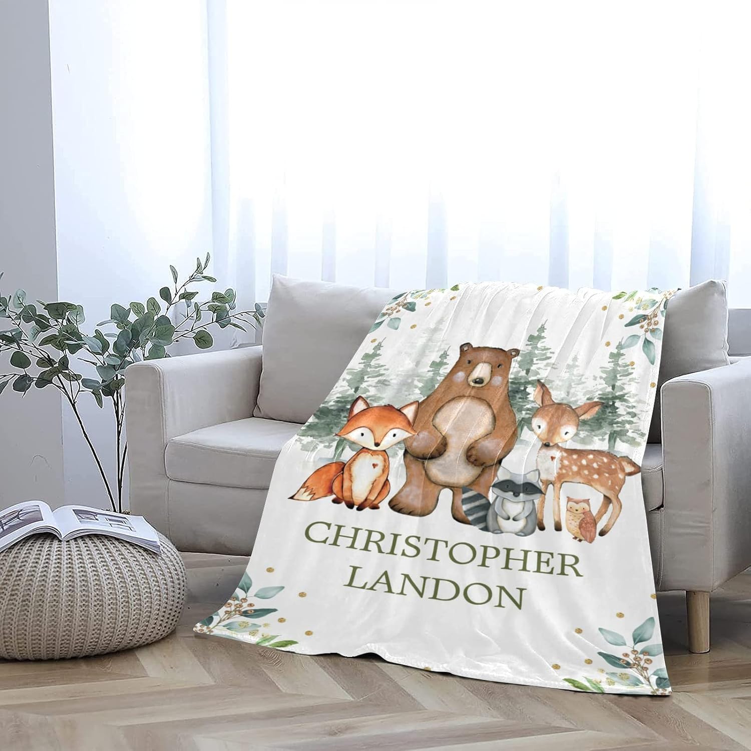Woodland Animals Personalized Baby Blanket for Boys Girls Custom Baby Blanket with Name Adventure Awaits Stuff Newborn Nursery Gift Soft Plush Fleece - Woodland Animals 1 50x60in