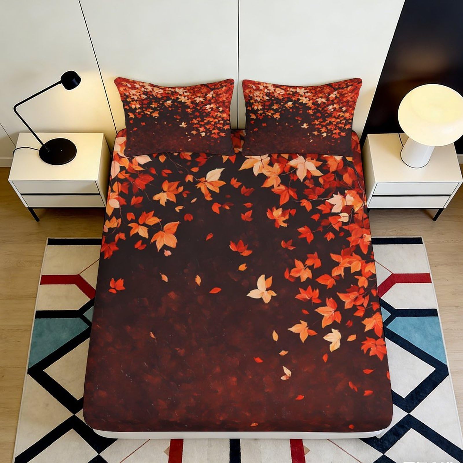 3D Printed Autumn Leaves Fitted Sheet Microfiber Soft Anti-Slip Maple Forest Mattress Cover for Bedroom Decor 90x200x25cm