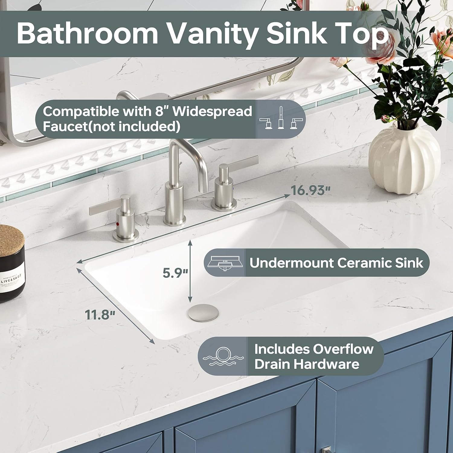 48 Inch Bathroom Vanity with Sink, Fully Assembled Bathroom Vanities with Soft Closing Doors & Dovetail Drawers, 48 Inch Vanity with Sink, Solid Wood, Engineered Stone Top, Steel Blue