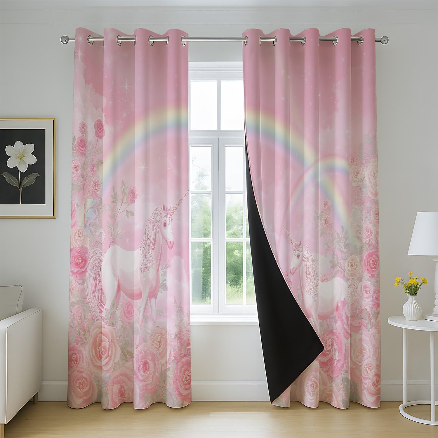 Générique Rideau Occultant Rêveur Animal Licorne - Lot de 2 Rideaux Opaque Rideaux à des Œillets Décoratifs Motif 200 x 240 CM pour la Chambre Le Salon et la Chambre d’Enfant Rose
