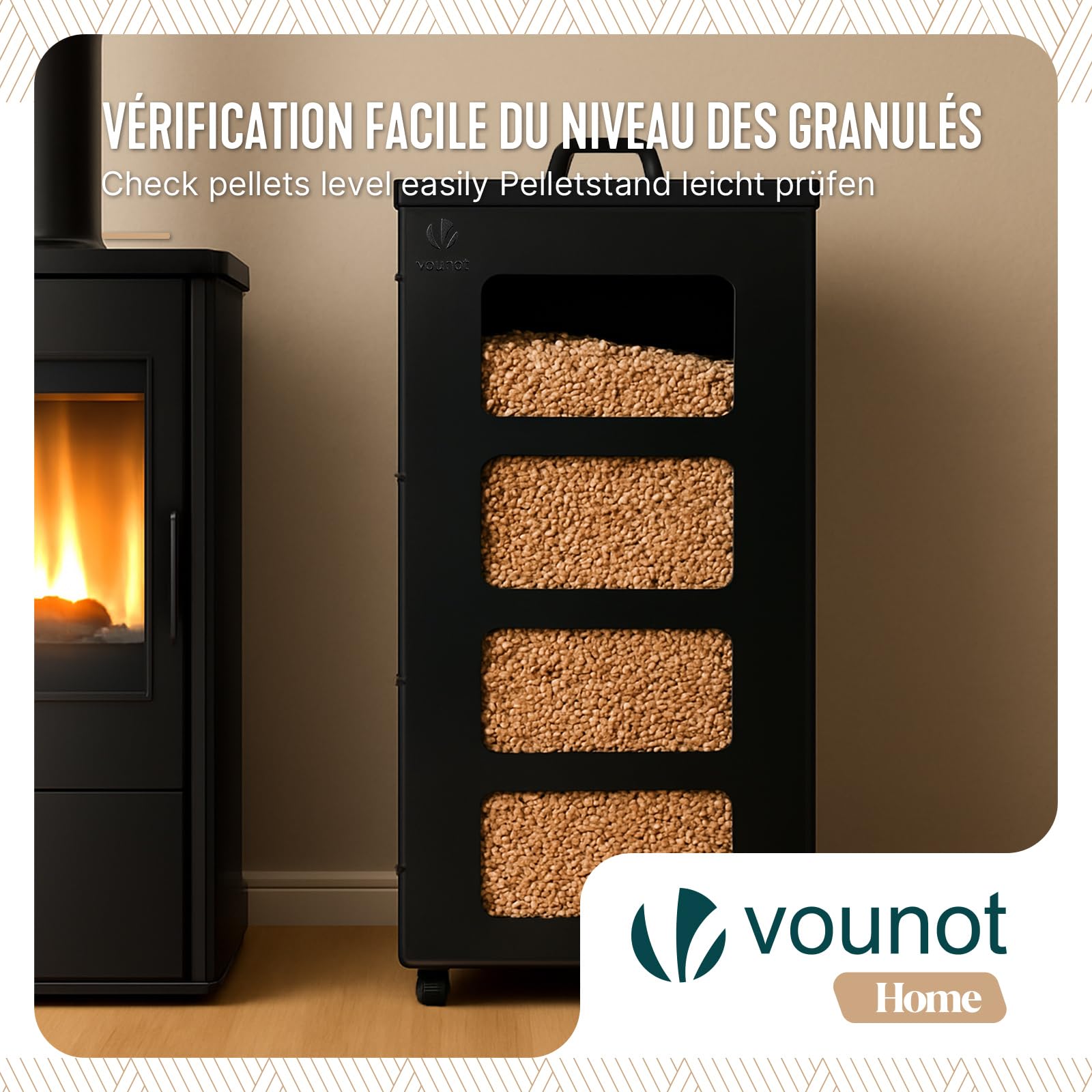 VOUNOT® Porta Pellet da Interno in Metallo con Ruote da 45 kg, Contenitore Pellet con Setaccio Rimovibile e 4 Indicatori Trasparenti di Livello, Scatola per Stufa a Pellet, 36×36×76 cm, Nero