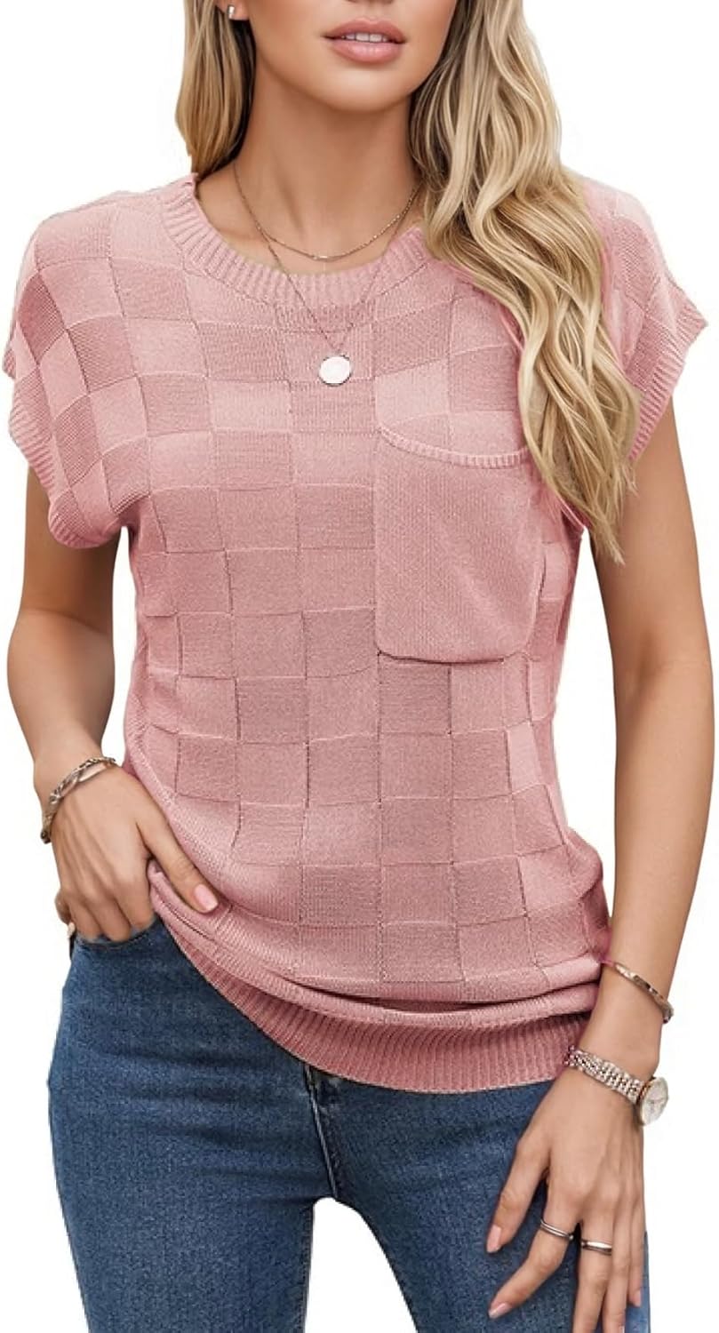 Women's Cap Sleeve Knitted Tops Casual Crew Neck Pullover Summer Lightweight Sweater T-Shirts - Image 2