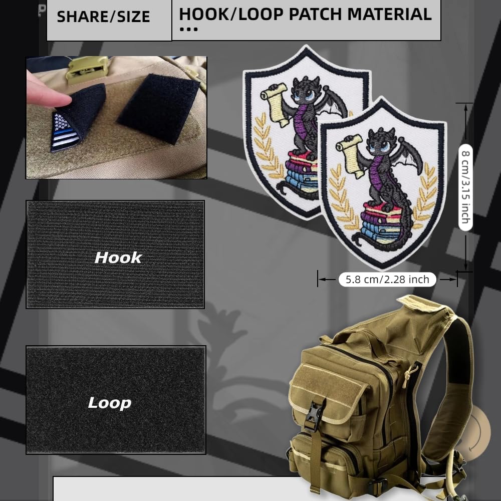 Book Dragon Themed Embroidered Patches,2 Pack Hook and Loop Tactics Patches,Fantasy Crest and Book Stack Design Applique for Hats,Backpacks,Jackets,Vests,Clothing Decoration and Casual Accessories image 2