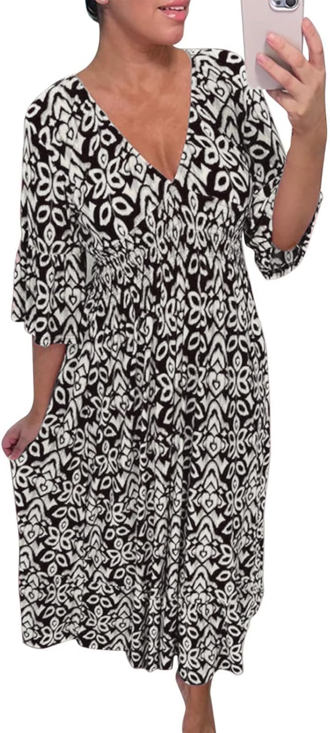 Zhyaj Womens V-Neck Midi Dress Plus Size Bohemian Printed High Waist Long Dress Lightweight Flowy Fashion Dresses
