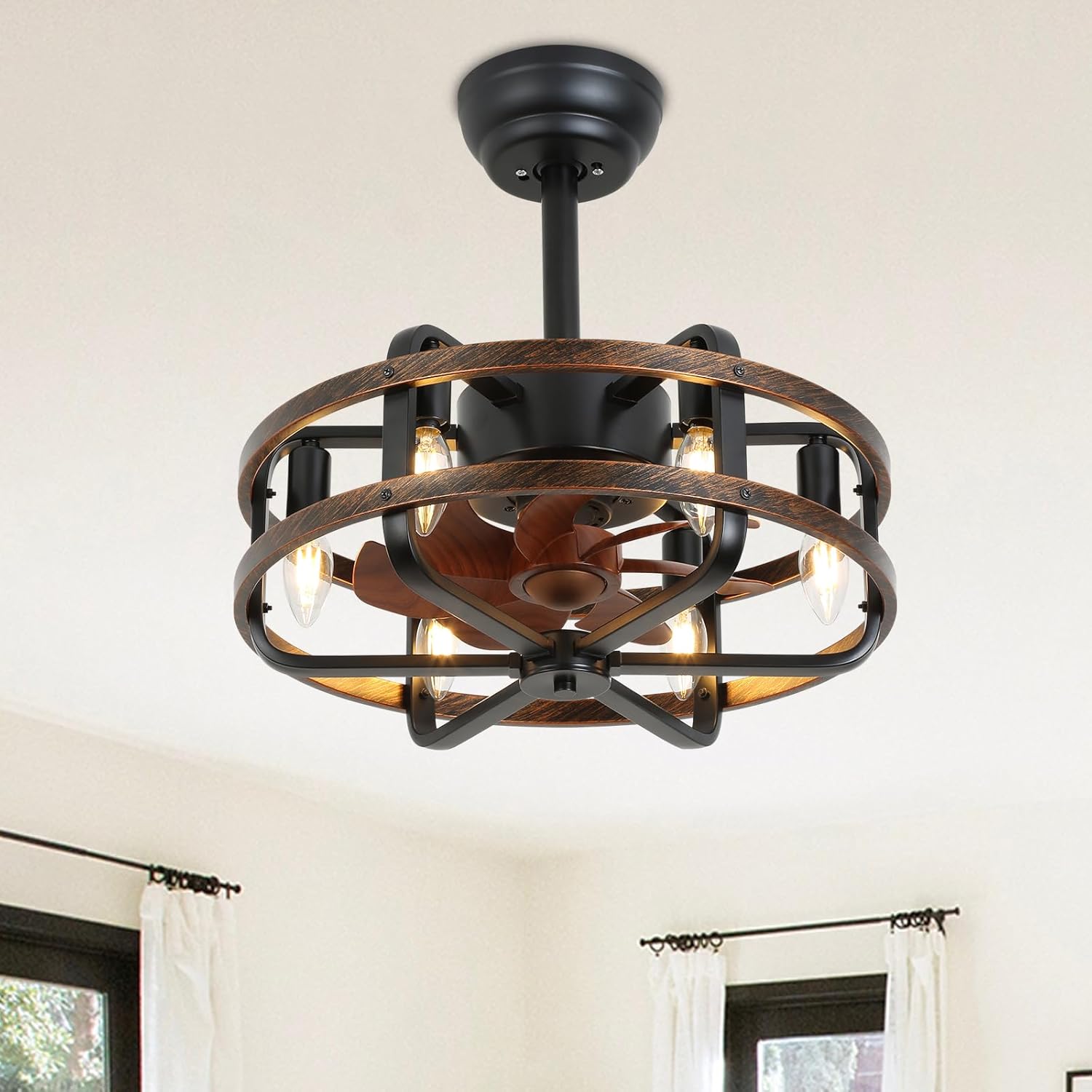 LOYALHEARTDY Caged Ceiling Fans, 20in Victorian Ceiling Fan with Lights Remote, Bronze Fandelier Ceiling Fan with Light,6-Speed Reversible Motor,7 Blades,Industrial Ceiling Light Downrod Mounted