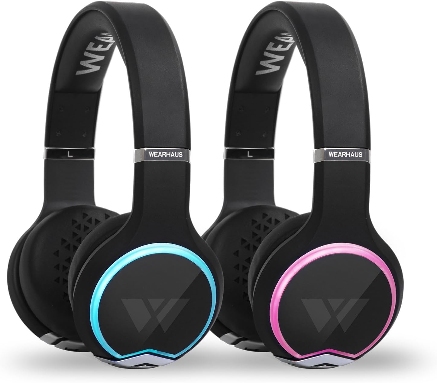 Wearhaus ARC+ Bluetooth Wireless Sharing Headphones HiFi Bass Wired Headset w/Mic, Color Changing LED Light, On Ear Noise Isolating Soft Comfort Earpad for Gaming Travel Work, Touch Control (2 Black)