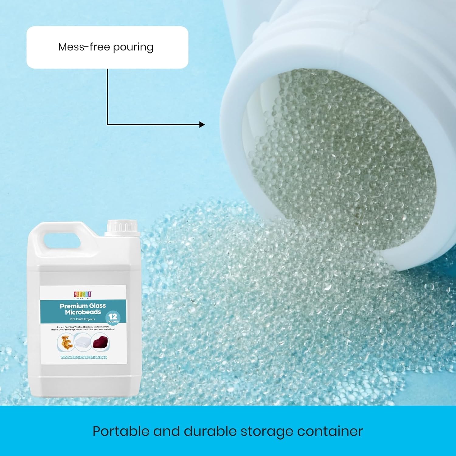 Bright Creations Glass Microbeads 12 lbs – Premium Micro Glass Beads for Weighted Blankets, DIY Crafts, Stuffed Animals & Dolls – Crystal Clear Filler Beads with Reusable Storage Container