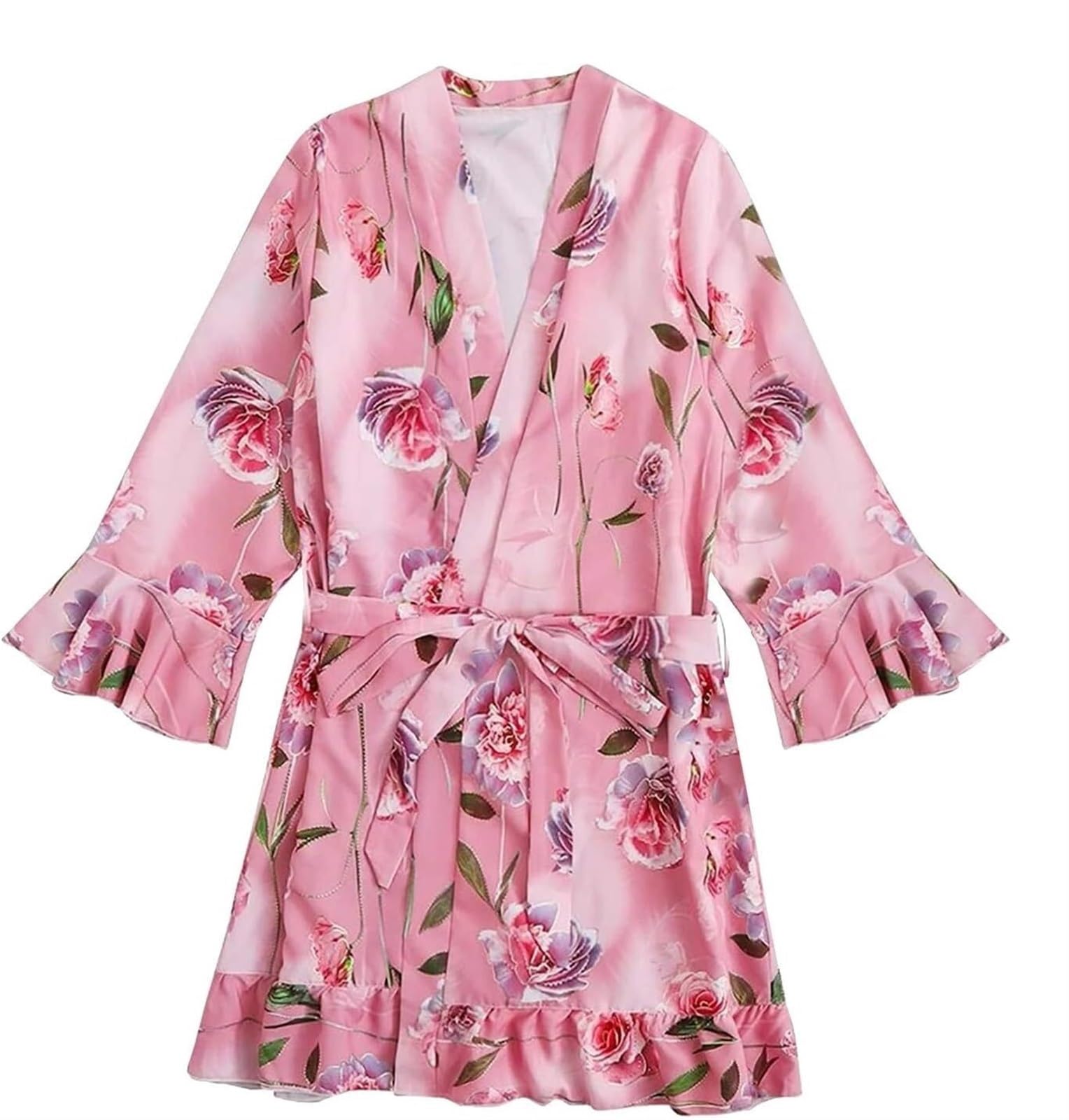 Albornoz Mujer Pijamas De Satén para Mujer, Camisón Cómodo con Estampado Floral, Batas Lencería, Albornoz Abierto Frontal Bata(C,3XL)
