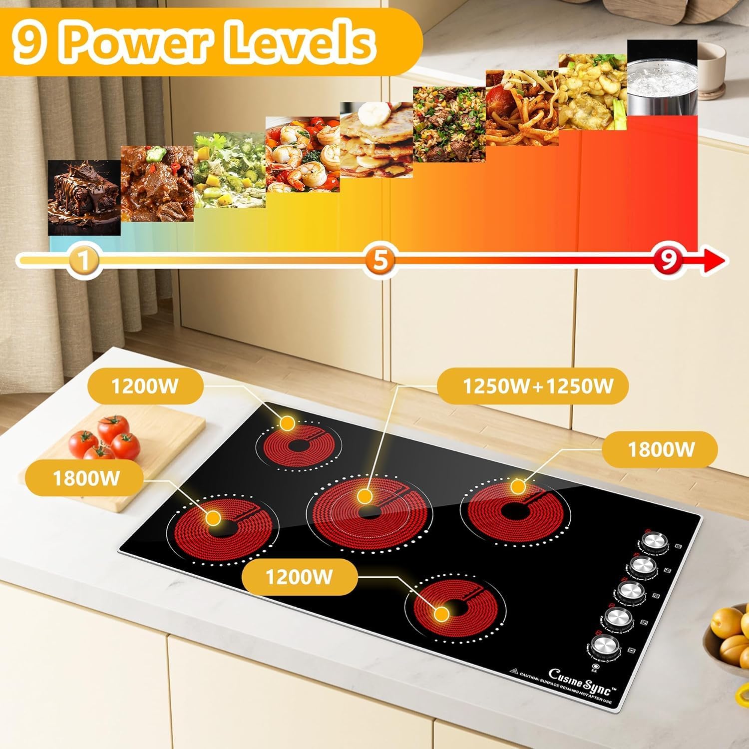 36 Inch Electric Cooktop, 5 Burner Built-In Ceramic Glass Cooktop with Knob Control, 9 Power Levels, Expandable Burner, 8500W, 220–240V Hardwired, Works with All Cookware