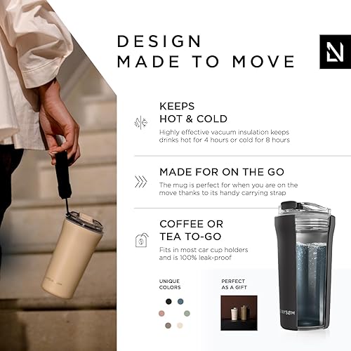 Miniatura 2 de LARS NYSØM Thermo Taza de café con correa de 17 onzas, taza de viaje sin BPA de 0.5 litros con aislamiento, taza térmica de acero inoxidable a