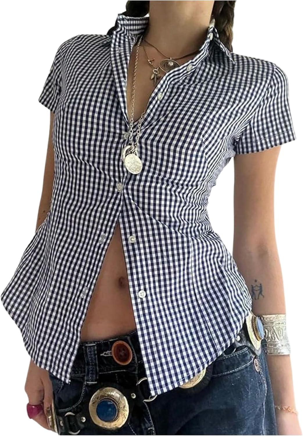 SOLY HUX Women's Summer Plaid Button Down Shirts Cute Short Sleeve Collared Y2k Blouse