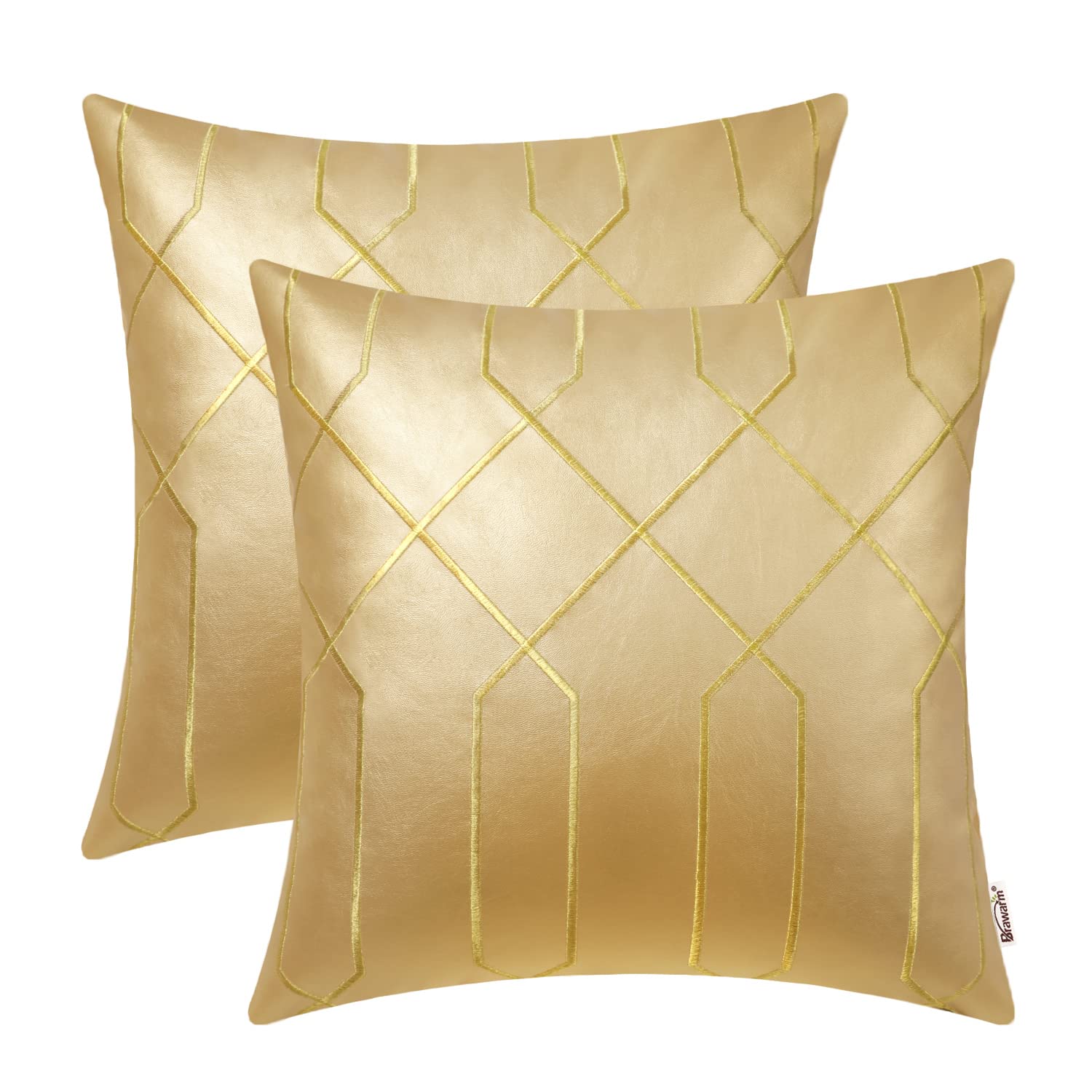 BRAWARM Leather Pillow Covers 18 X 18 Inches, Gold Faux Leather Pillow Covers Pack of 2, Geometric Embroidery Leather Decorative Throw Pillows for
