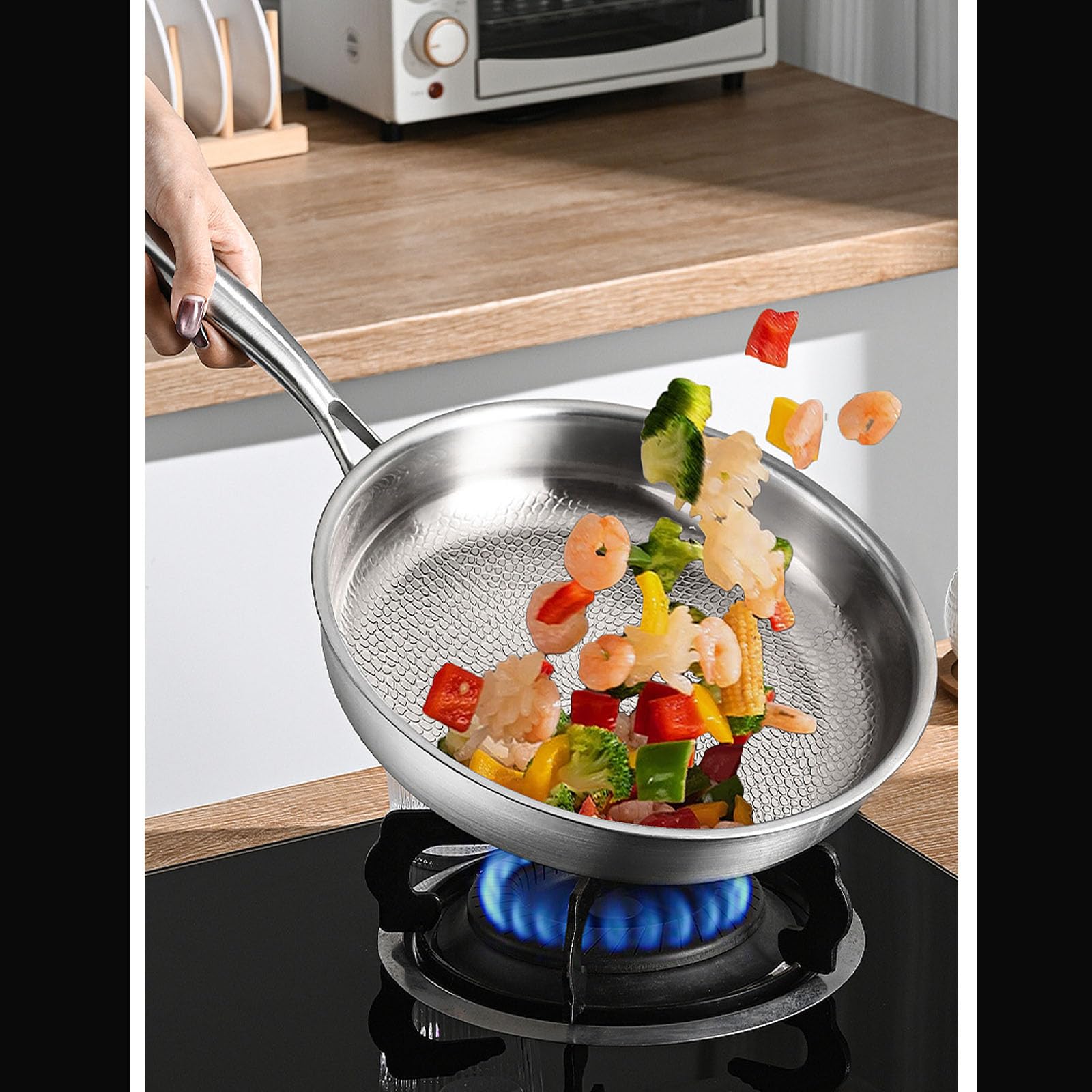 Padella in Titanio Puro con Coperchio,Padella Antiaderente in Titanio Martellato 24cm con Coperchio, Padella per Tutte le Fonti di Calore, per Casa e Cucina (Con coperchio)