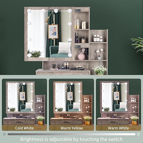 Miniatura 4 de Karl home Mesa de tocador con espejo deslizante iluminado mesa de maquillaje moderna con estación de carga 2 cajones estantes de almacenamiento