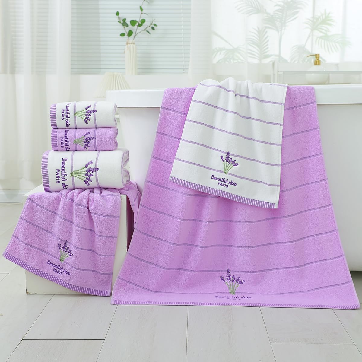 Pidada Bath Hand Towel Set of 3 Lavender Floral Pattern 100% Cotton Soft Absorbent Decorative Towels for Bathroom (White)