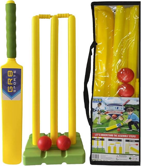 Rexco Gr8 Sports 9 Piece Plastic Cricket Set with Kwik Cricket Bat 2 Cricket Balls 3 Stumps Bails and Bag Size 5 Kids Childrens Junior Outdoor Garden Beach Toy Game
