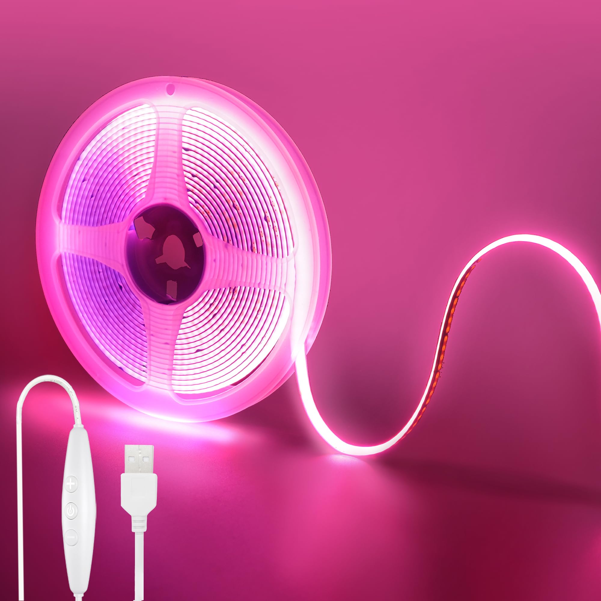 Clearhill Pink 5V Usb Cob Led Strip Lights With Dimmable Switch,6.56Ft/2M,,320Leds/M,8Mm Width,Not Waterproof Ip20,1.5M Usb Switch Cable,For Diy Home Indoor Decoration