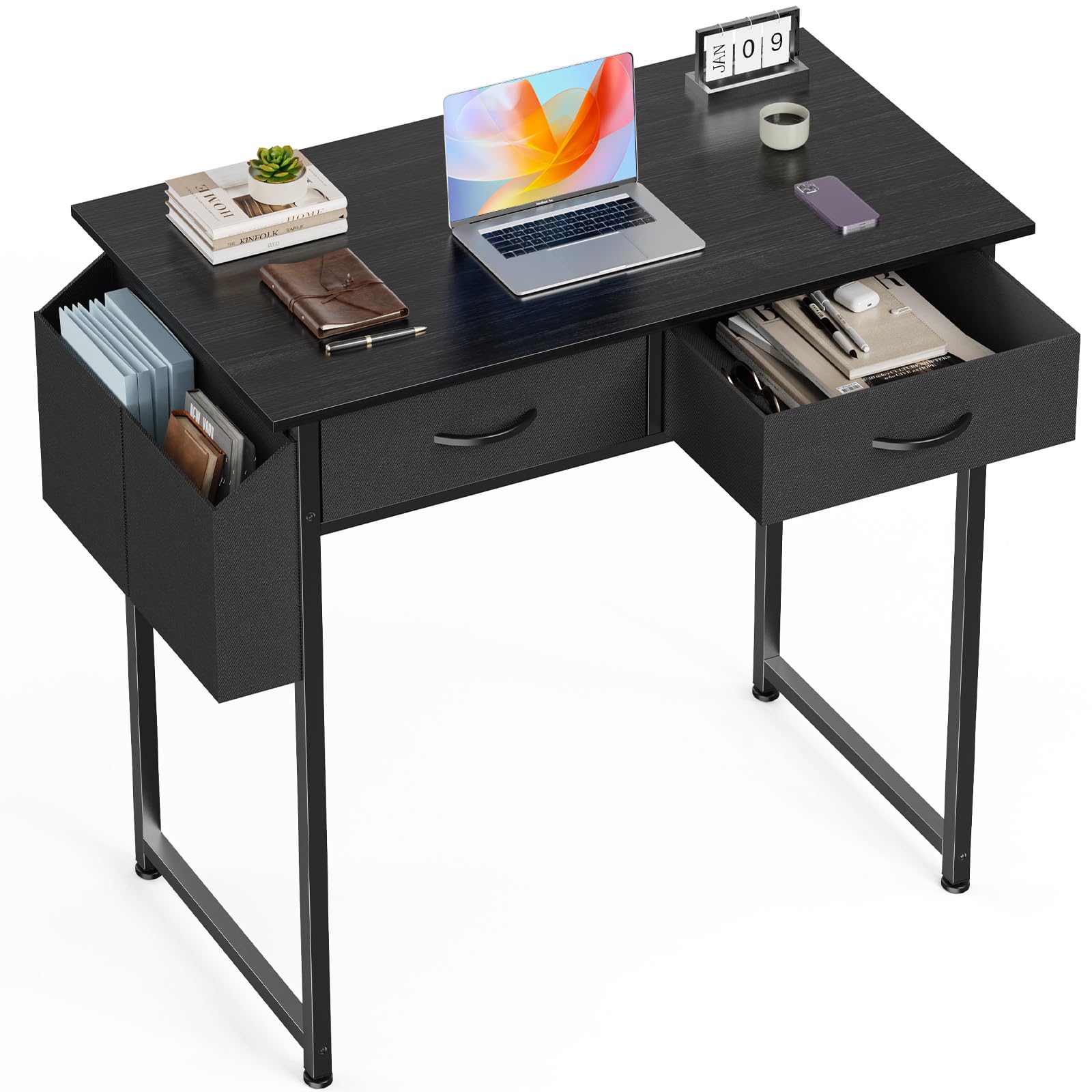 OLIXIS 32 Inch Small Desk with Drawers, Home Office Computer Desk with Storage Bag and Headphone Hook, Study Writing Table with Adjustable Feet for