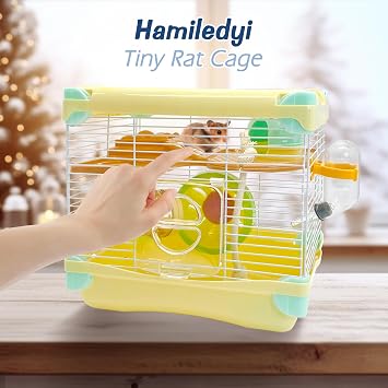 Hamiledyi Portable Hamster Cage 2 Layers Dwarf Hamster Habitat Small Animal Travel Cage with Exercise Wheel Hamster Enclosure Mouse Cage for Hamsters Mice Gerbils or Other Tiny Pets