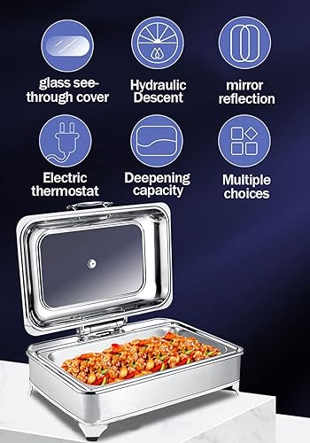Miniatura 2 de Aprilhp Calentador de alimentos de 9 litros, juego de bufé rectangular con tapa visible de vidrio y control de temperatura, servidores de bufé y