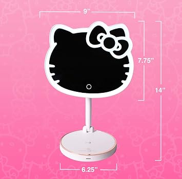 Impressions Vanity Hello Kitty Tabletop Mount LED Cordless Makeup Mirror with 360 Degree Rotation, Touch Sensor Desk Mirror with Light Strip and Adjustable Brightness