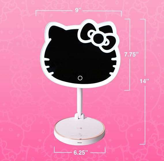 Impressions Vanity Hello Kitty Tabletop Mount LED Cordless Makeup Mirror with 360 Degree Rotation, Touch Sensor Desk Mirror with Light Strip and Adjustable Brightness