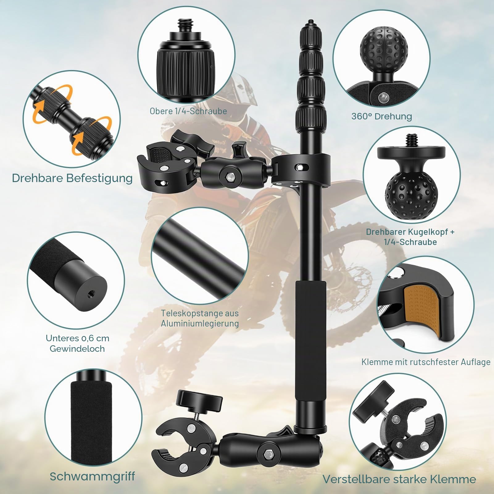 Motorrad Halterung Set, Unsichtbarem Lenker Action Kamera Halterung mit Verstellbare 150cm Selfie Stick und Doppelklemme, 360 Grad Drehung Fahrradlenker Montageset für Insta 360 X4 X5 X3