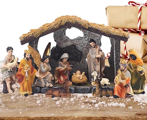 Miniatura 8 de Juego de Belén con figuras, juego de nacimiento de Jesús, juegos y figuras de pesebre, establo de nacimiento santo, estatua de la santa familia,