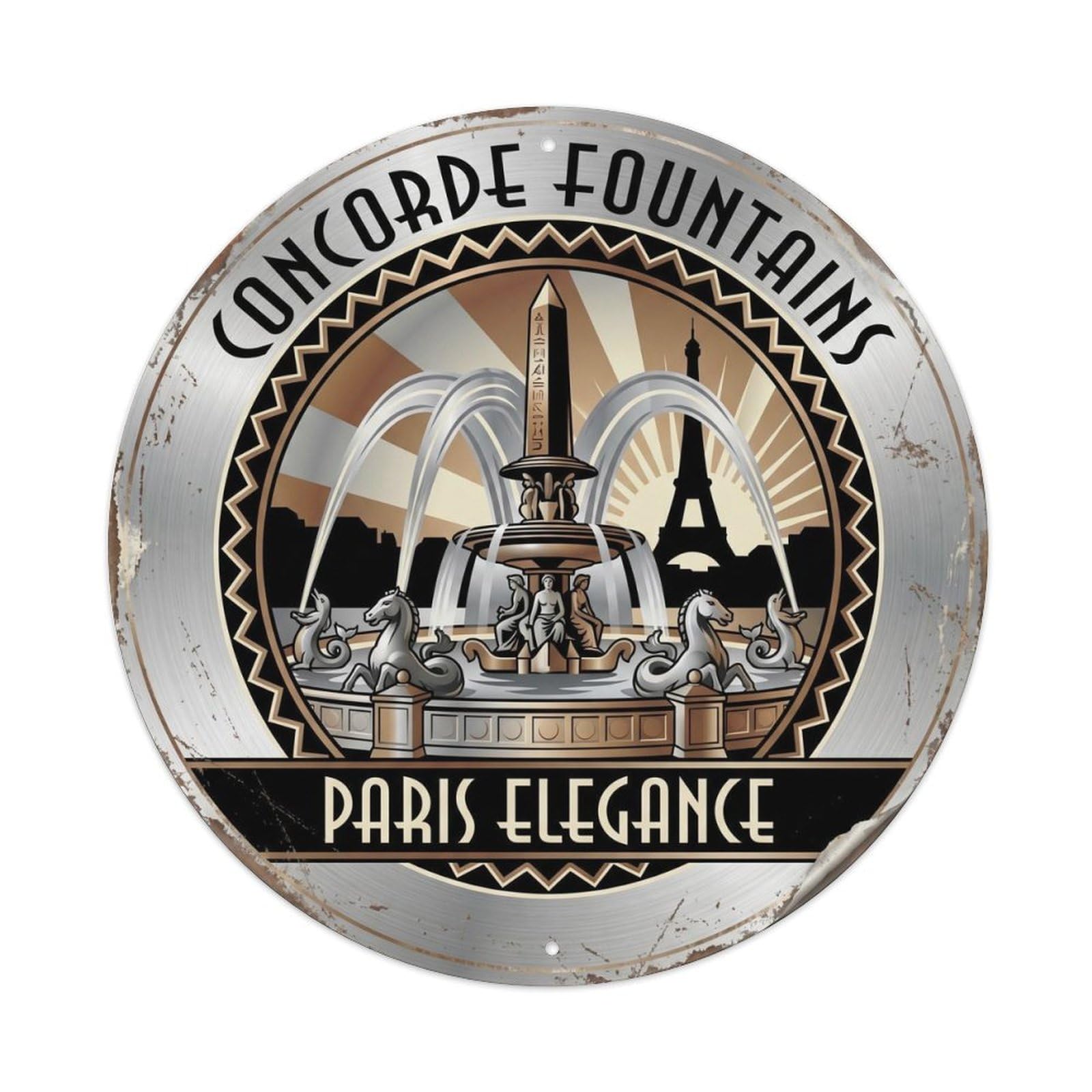 Vintage Travel Concorde Fountain Paris Elegance Metal Tin Sign Plaque Wall Decor for Cafe, Club, Garden Round Metal Poster 8x8Inch