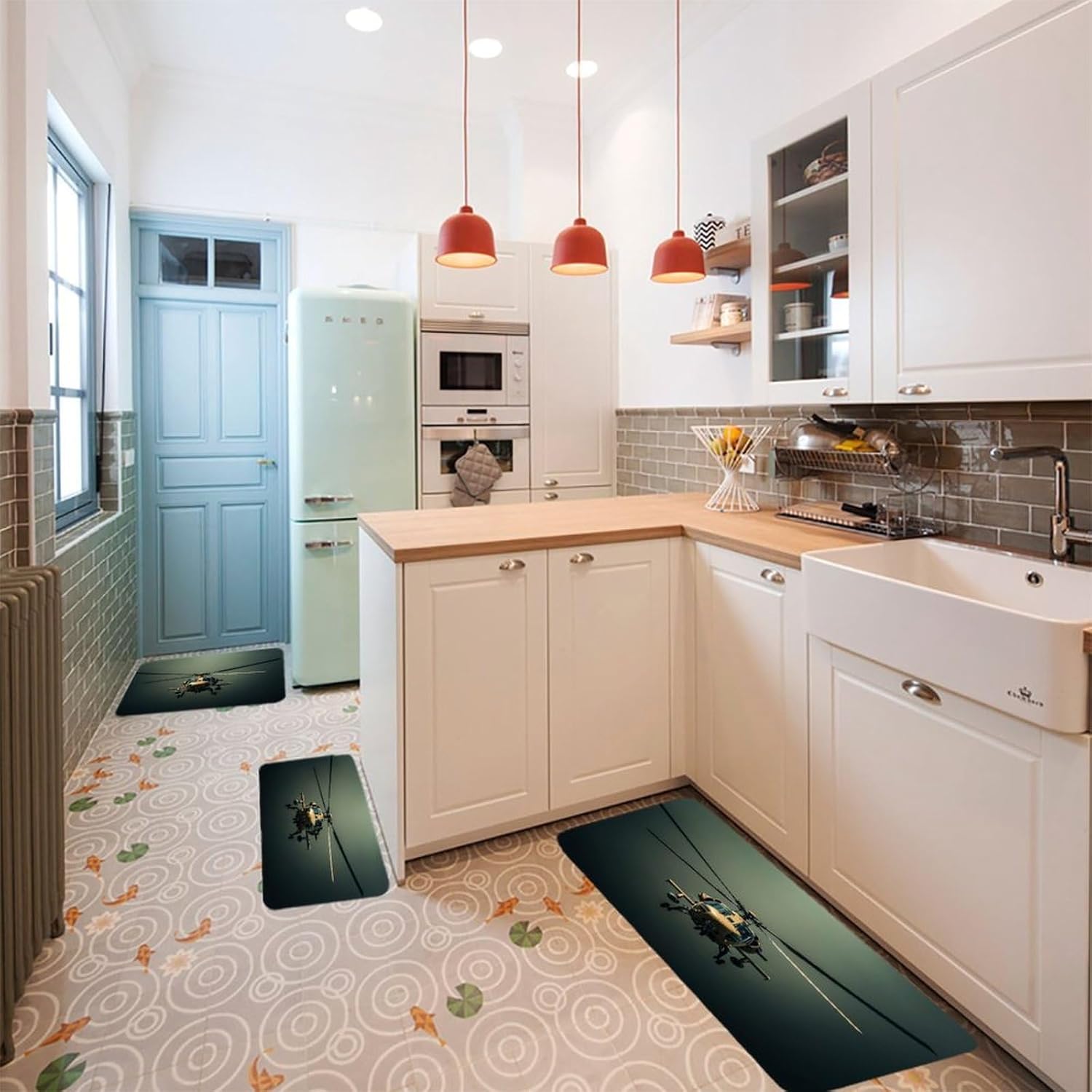 Helicopter Kitchen Mats for Floor 3PCS Waterproof Low-Profile Kitchen Rugs Floor Mat Non Slip Anti Fatigue Mats Comfort Standing Mat Runner Rug Area Rug 6"x24"+20"x31"+17"x47"