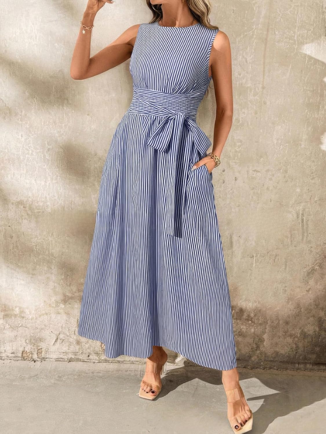 ebossy Women's Striped Shirt Dress Casual Crewneck Tie Waist Sleeveless A-Line Maxi Cotton Dress with Pockets - Image 5