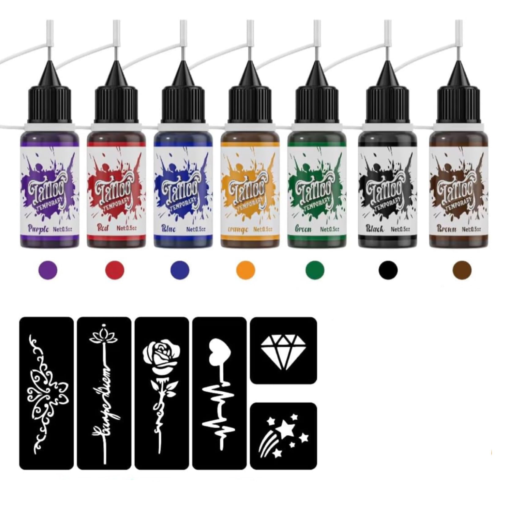 タトゥーインク 7色セット シート付き ステンシル ペン テンプレート セット販売 型紙 シール ボディーアート ペン用 インク 植物エキス 極細ノズルボトル 気軽に 水洗いで3～7 日間 1週間で消える タトゥー ミニサイズ 99.4g 14.2g ×7 カラー 7本 シール (7色, S)