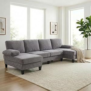 110" U-Shaped Chenille 4-Seat Sofa with Double Chaise，Light Grey