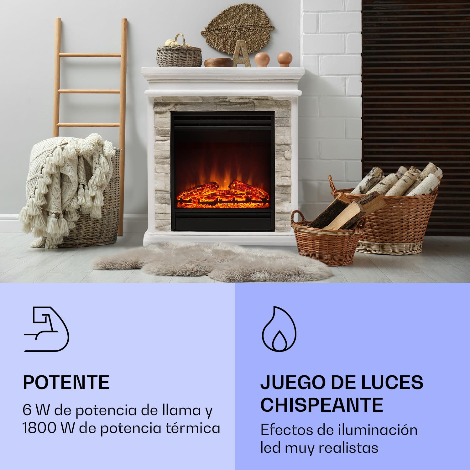 Klarstein Nevis Peak Chimenea eléctrica - Chimenea eléctrica con 1800 W de Potencia calorífica, con Temporizador, Temperatura: 10 a 30 °C, Ilusión de Llamas LED, Incl. Mando a Distancia