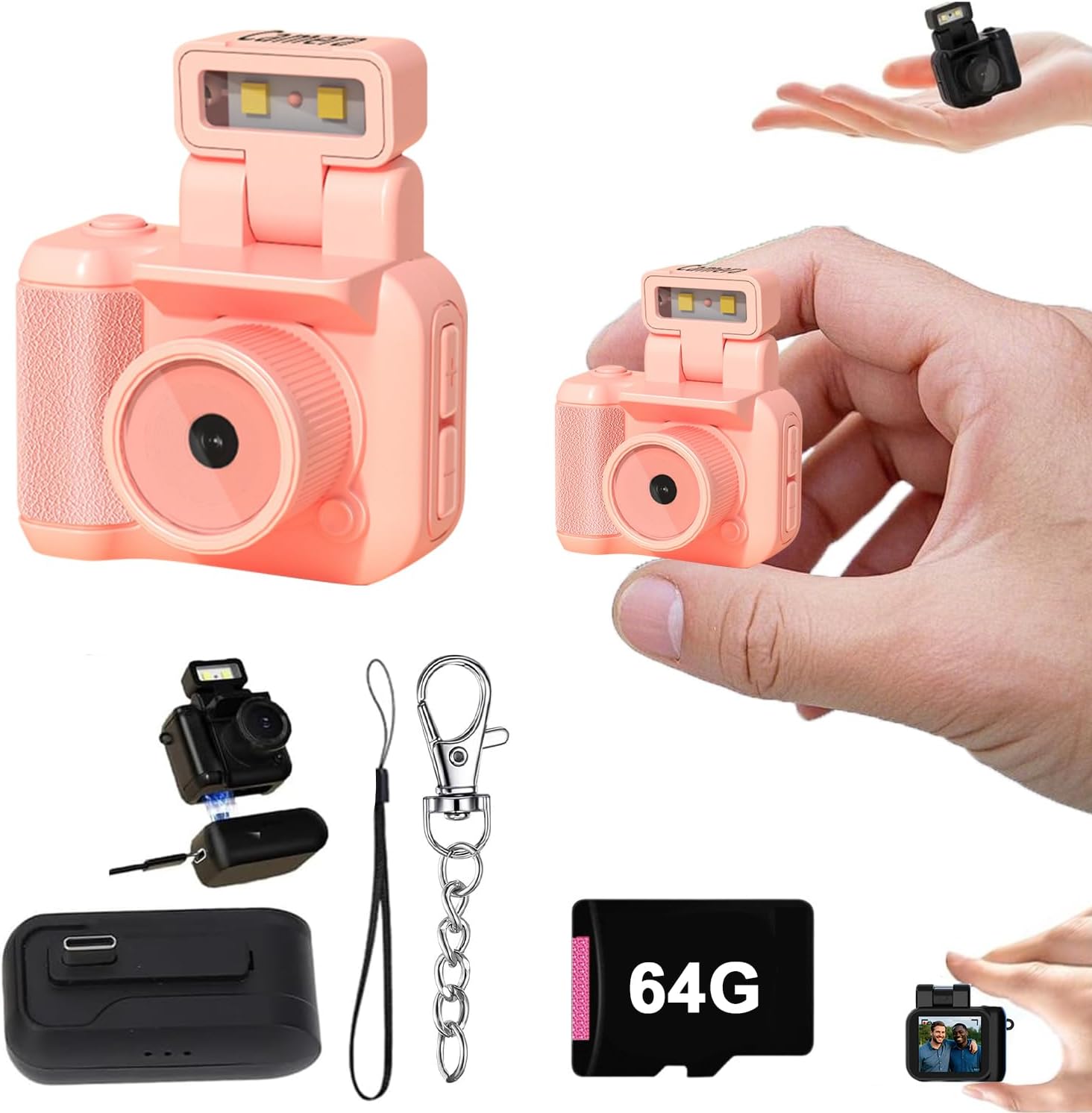 Retro Snap Camera，Mini Nostalgic Vintage View，Tiny Snaps，Keychain Digital Photo Camera，Llavero Mini CáMara Retro，1080p Hd with Led Flash Light (Pink 64G)