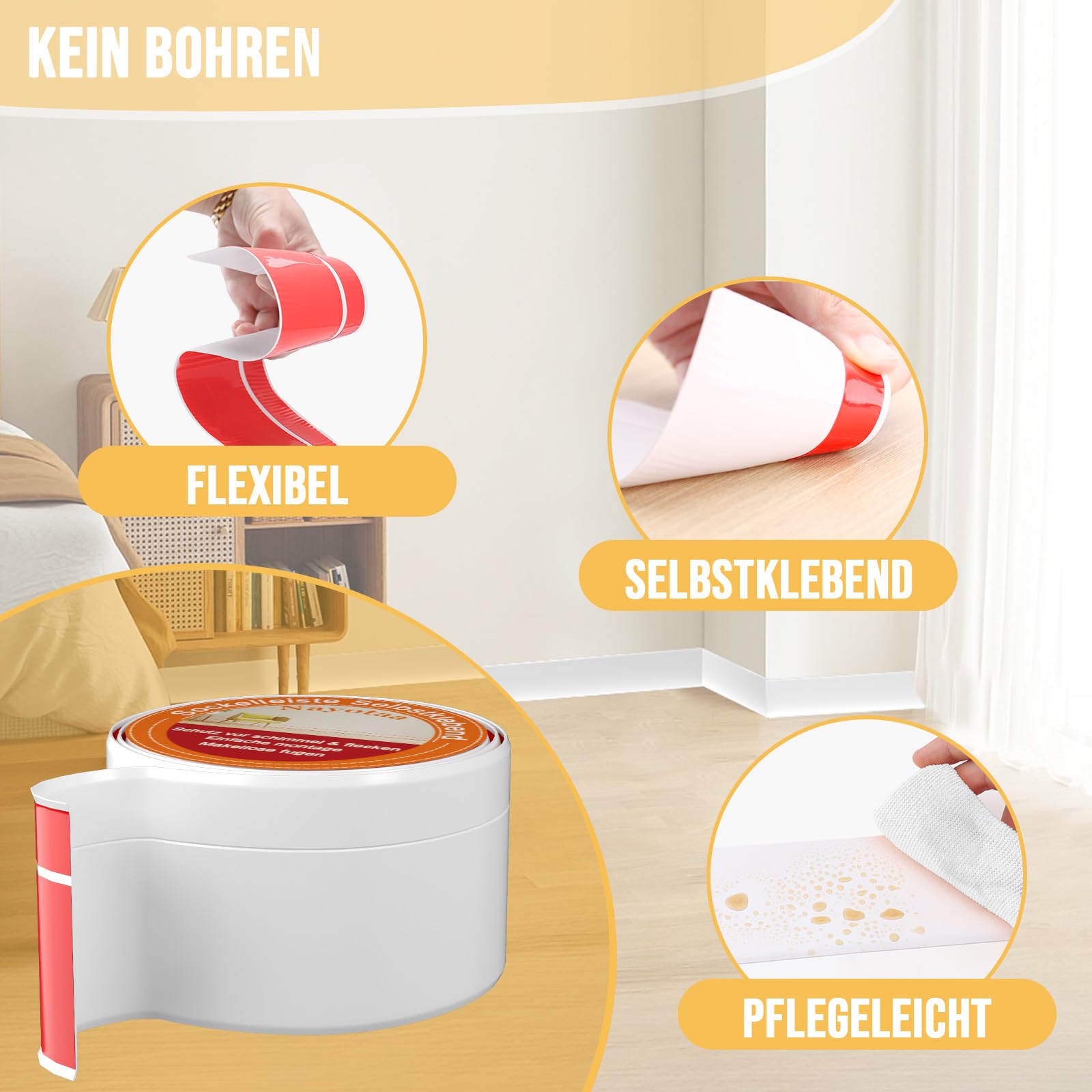 Flexible Sockelleiste Selbstklebend Weiß (18m) – 7cm Pvc Fußleiste Und Knickleiste Für Bad, Küche, Unebene Wände – Wasserdichter Wandabschluss Ohne Bohren (Inkl. Rakel) – Weichsockelleiste 50x20mm