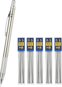 PATIKIL Mechanical Pencil 0.3mm, Lead Pencils Mechanical Holder Fine Point Automatic Metal Holder with 5Pcs Refills for Drawing Art Sketching Woodworking, Silver