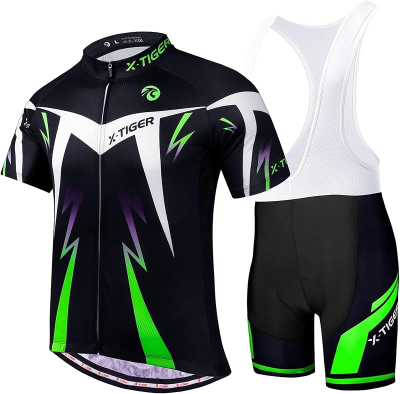 X-TIGER Maillot de Cyclisme Manches Courtes Homme avec Cuissard à Bretelle 5D Gel Rembourré,VTT Courtes Respirant Vêtements de Cyclisme Sports Shorts Pantalons avec Tee Shirt