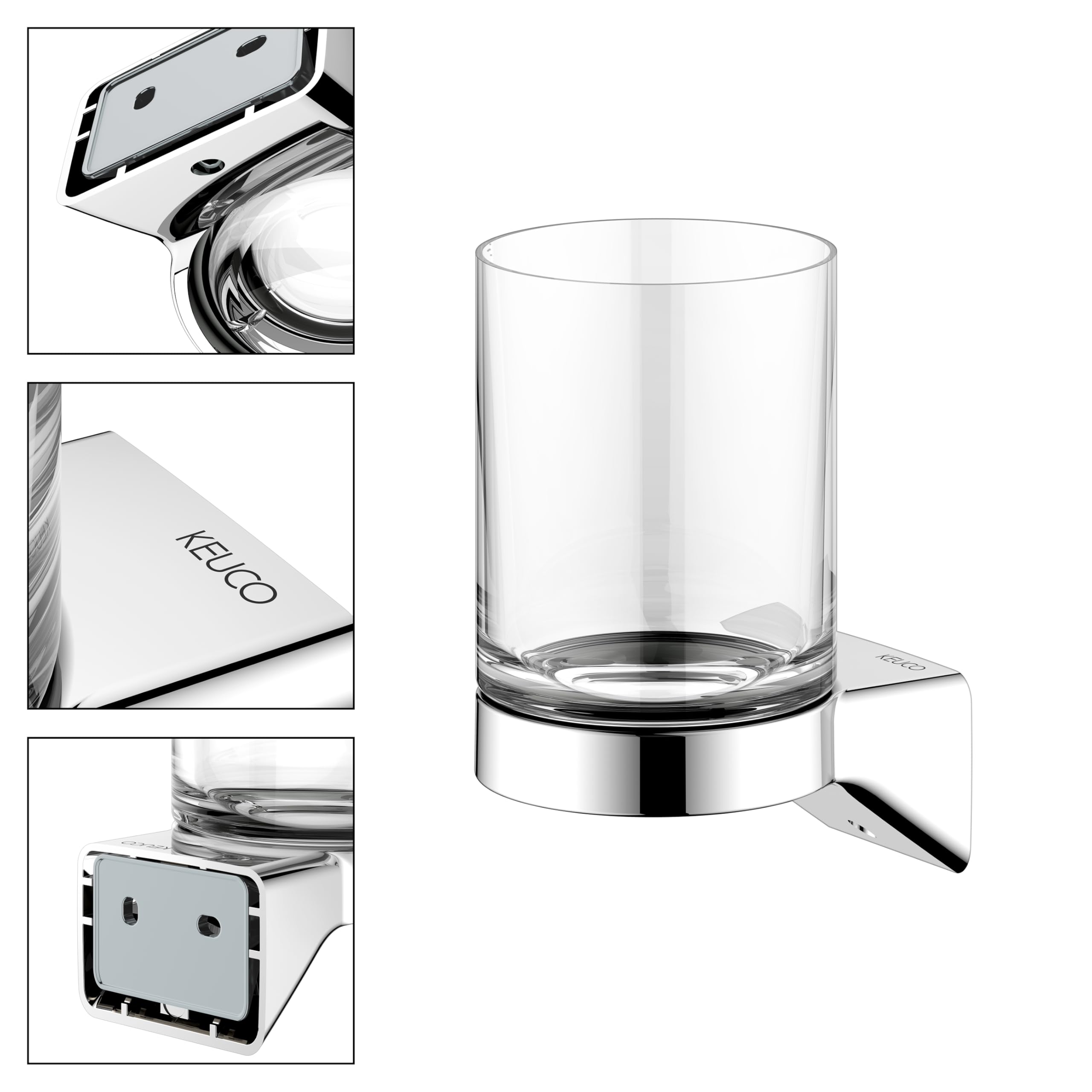 KEUCO Rose Zahnputzbecher aus Glas mit Halterung, ohne Bohren, verchromt | inkl. Klebeset und Schraubset, Glashalter aus Metall zum Kleben oder Schrauben
