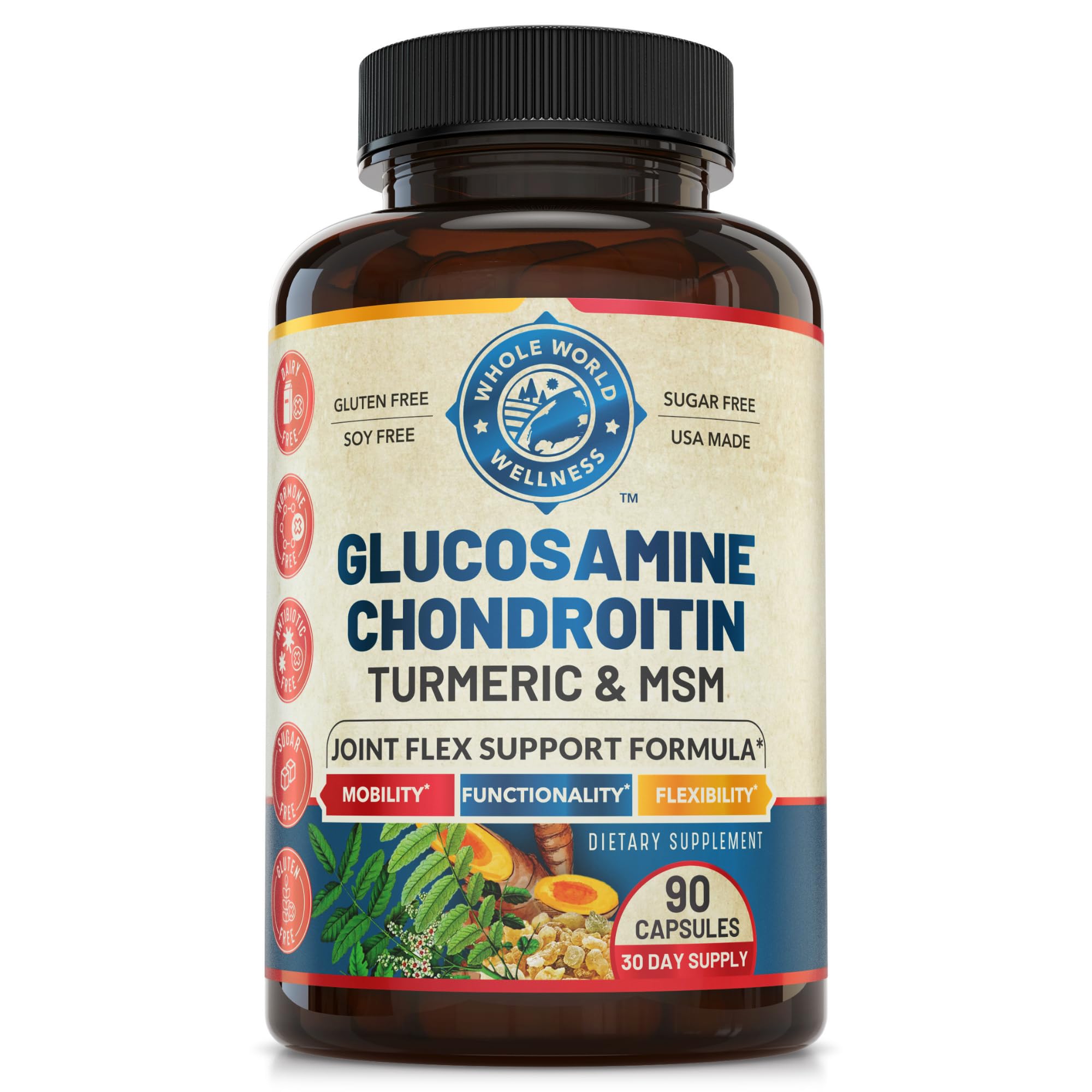 Joint Support Supplement with Glucosamine Chondroitin MSM Turmeric Boswelia. Supports Inflammatory Response, Discomfort Relief for Knees Hands Back Joints. USA Made.